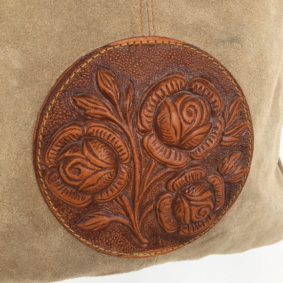 Vintage Mont-Abur Boho Tooled Leather Suede Shoulder Bag Purse Hippie Floral - Picture 5 of 15
